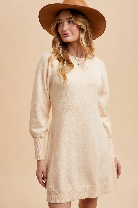 Puff Sleeve Solid Sweater Dress Cream Trendy Sweater Dress