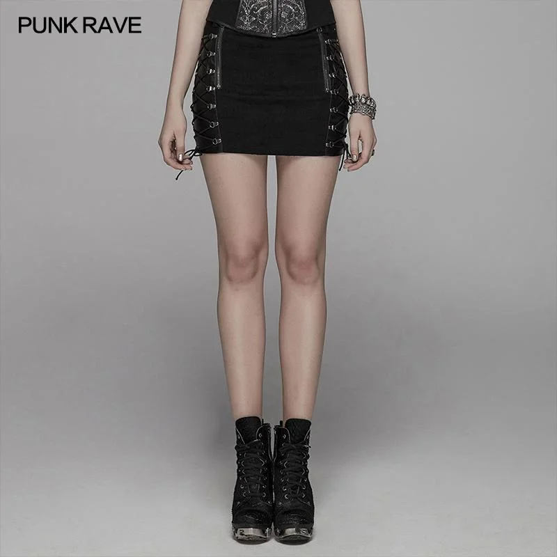 Punk Metal Mini Half Skirt With Two Sides Lace-up Design Summer Mini Skirt