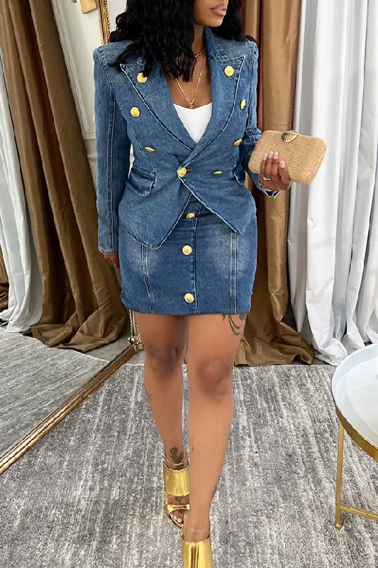 Chic Peak Collar Denim Blazer & Skirt Set Belted Denim Skirt