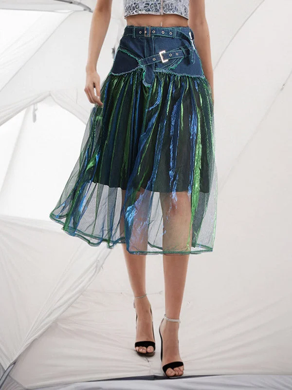 Stylish Denim With Belted Patchwork Blue Green Tulle A-Line Skirt TT1038 Maxi Denim Skirt