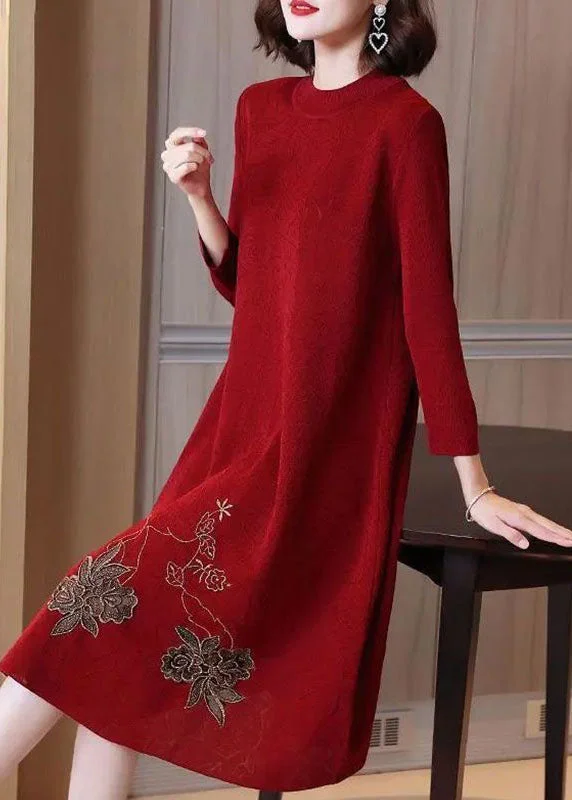 Stylish Red O-Neck Embroidered Knit Sweater Dress Spring Sweater Dress Vibe