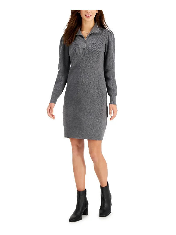 TAYLOR Womens Gray Zippered Ribbed Heather Long Sleeve Collared Above The Knee Wear To Work Sweater Dress Simple Knit Sweater