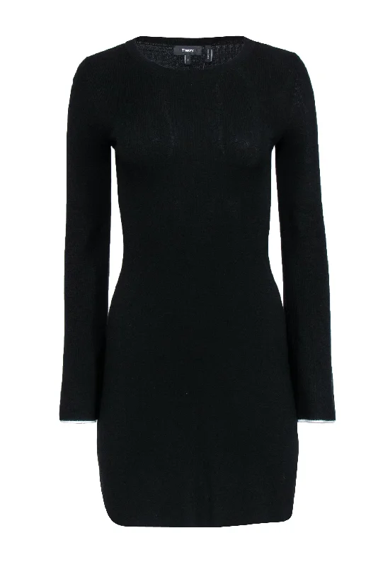 Theory - Black Bell Sleeve Knit Sweater Dress w/ White Trim Sz P Stylish Sweater Dress