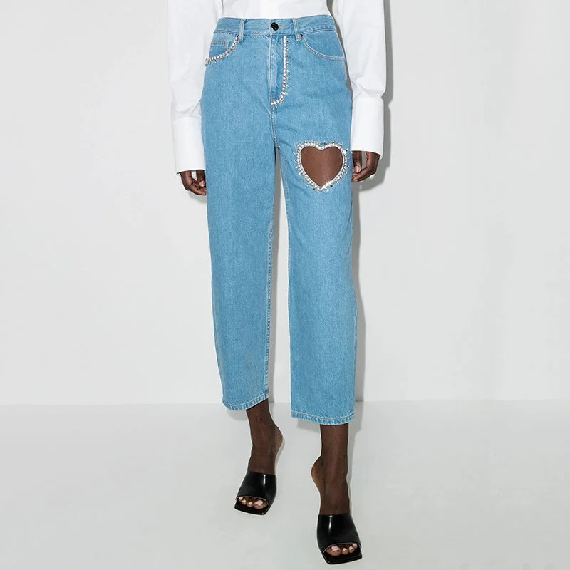 Hollow Out Cotton Denim Light Blue Jeans Ankle-Length Mid-rise Denim Skirt