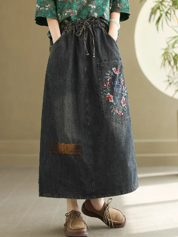 Women Artsy Flower Embroidery Denim Skirt PA1009 Skirt with Pockets