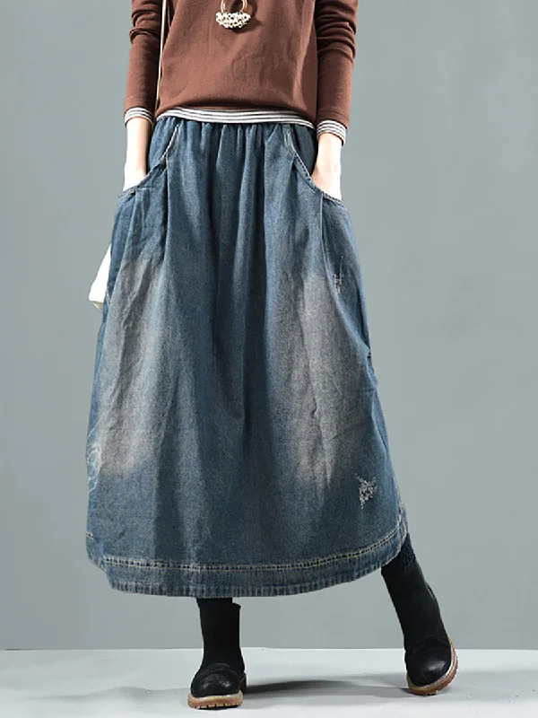 Women Retro Fade Pocket Elastic Waist Denim Skirt AI1012 Denim Skirt Dress