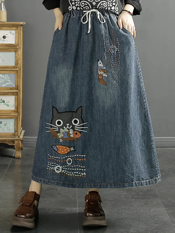 Women Summer Casual Cat Fish Embroidery Denim Skirt KL1008 Denim Skirt Chic