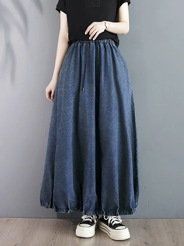 Women Summer Casual Solid Loose Denim Skirt PA1019 Mid-Length Denim Skirt