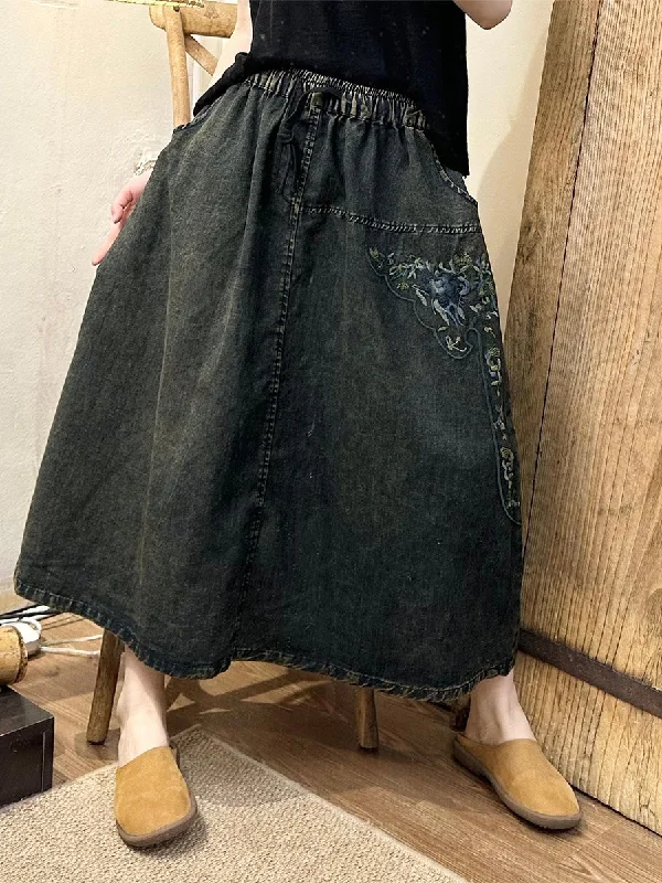 Women Summer Vintage Floral Embroidery Denim Skirt PA1008 Button Front Denim Skirt