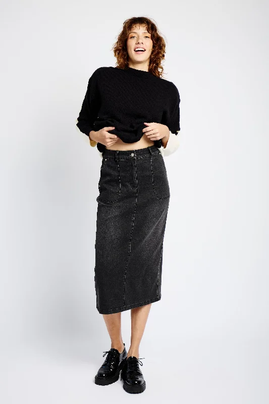 Denim Skirt with Back Slit in Black Denim Skirt Glam