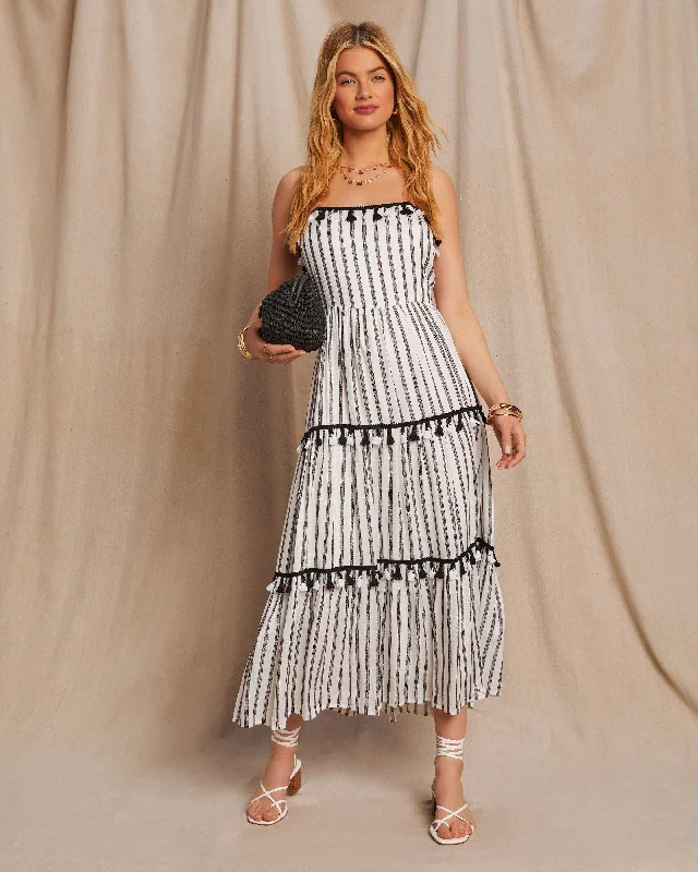 Paislee Tassel Striped Tiered Midi Dress Cotton Midi Skirt