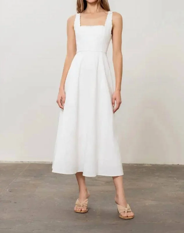 Sleeveless Scallop Shirred Midi Dress In White Structured Midi Skirt