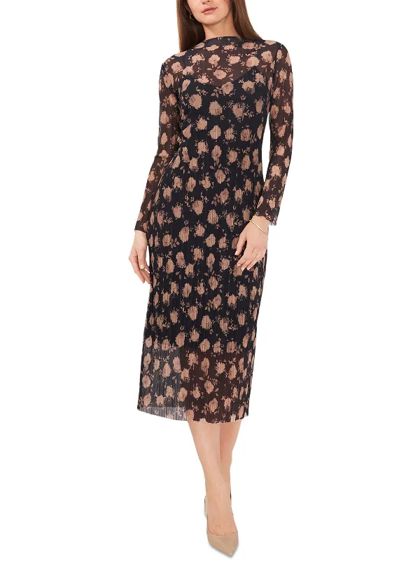 Womens Floral Print Mock Neck Midi Dress Embroidered Midi Skirt