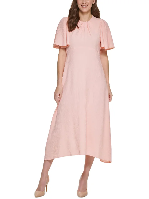 Womens Flutter Sleeve Calf Midi Dress Soft Pleated Midi