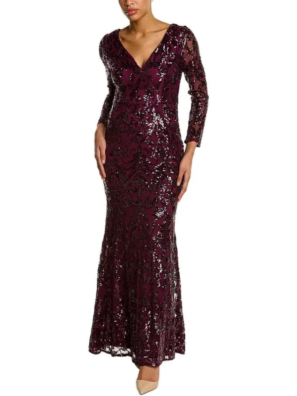 ADRIANNA PAPELL Womens Burgundy Mesh Zippered Lined Glimmer Sequin Embellished Long Sleeve V Neck Full-Length Formal Gown Dress Sleeveless Sequin Dress