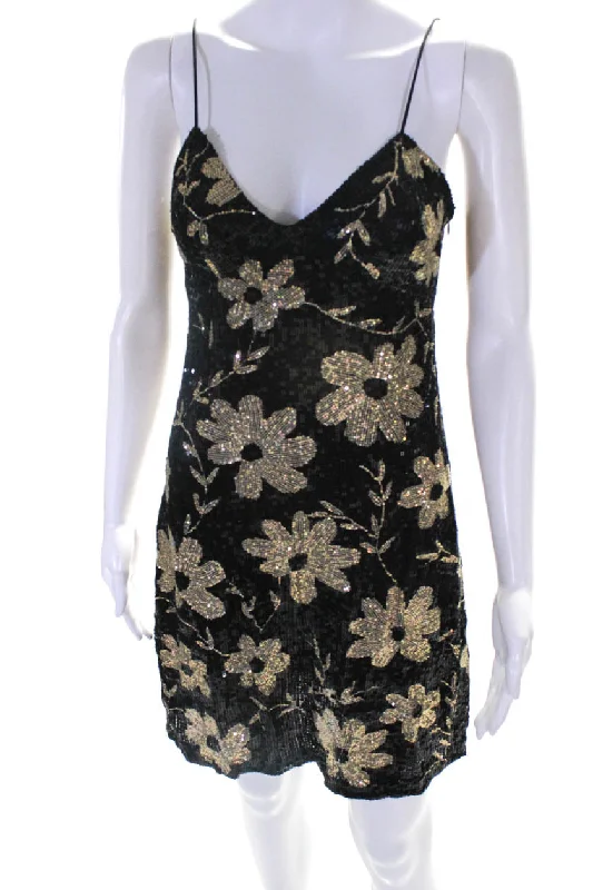 Ashish Womens NWT Sequin Metallic Daisy Slip Dress Black Gold Sexy Sequin Dress