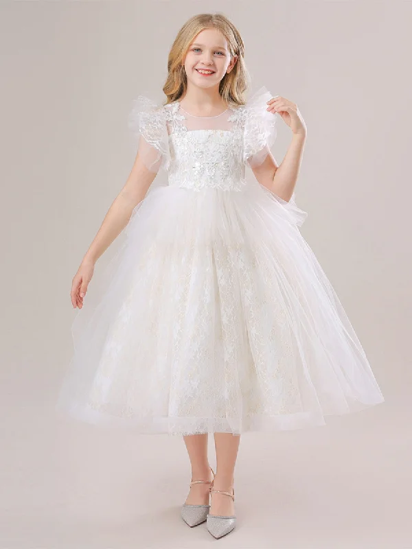 Ball Gown Scoop Flying Sleeves Sequins Flower Girl Dresses High Neck Sequin