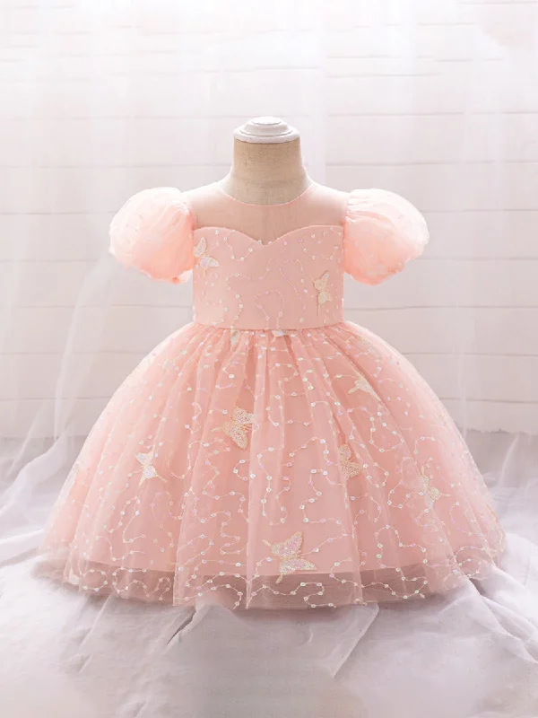 Ball Gown Scoop Puff Sleeves Sequins Flower Girl Dresses Floor-length Sequin Dress