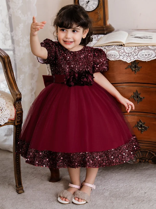 Ball Gown Scoop Puff Sleeves Sequins Flower Girl Dresses Sequin Dress Party