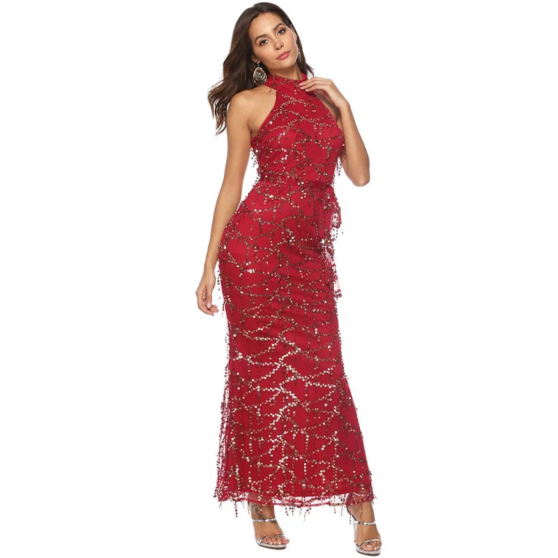 Burgundy Sleeveless High Neck Fringe Sequin Dress Modern Sequin Gown