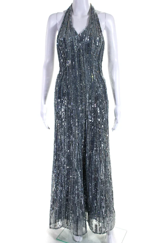 Elie Saab Womens Embroidered Sequined Hook & Loop Zip Gown Blue Sequin A-line Dress