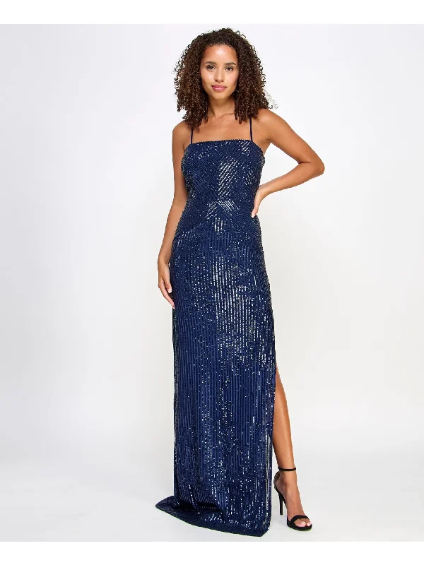 EMERALD SUNDAE Womens Navy Sequined Adjustable Padded Slitted Lined Zippered Spaghetti Strap Square Neck Full-Length Evening Gown Dress All-Over Sequin Dress