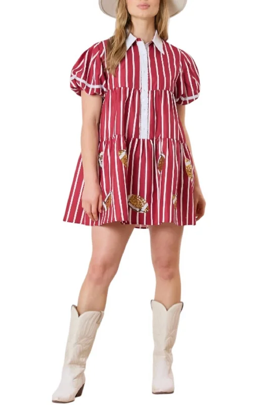 Game Day Sequin Footballs Stripe Shirt Dress In Crimson Colorful Sequin Dress