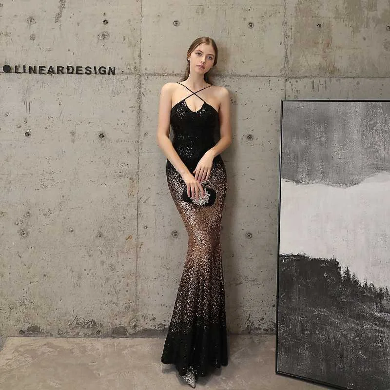 Long Slim Fitting Fishtail Sequin Evening Dress Ruched Sequin Dress