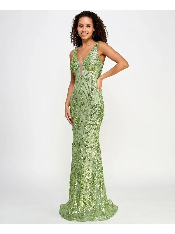 MORGAN & CO Womens Green Sequined Lined Zippered Illusion Neckline Sleeveless V Neck Full-Length Formal Gown Dress Shiny Sequin Dress