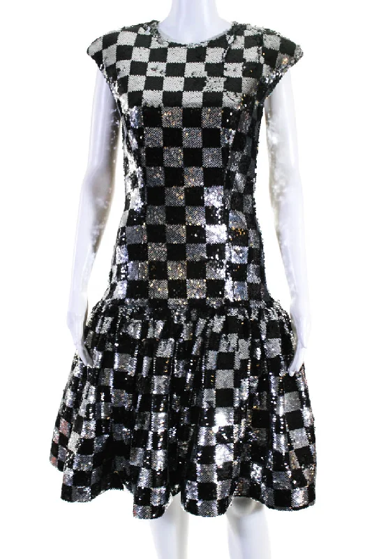 Rodarte Womens Sequined Check Drop Waist Dress Black Silver Colorful Sequin Dress