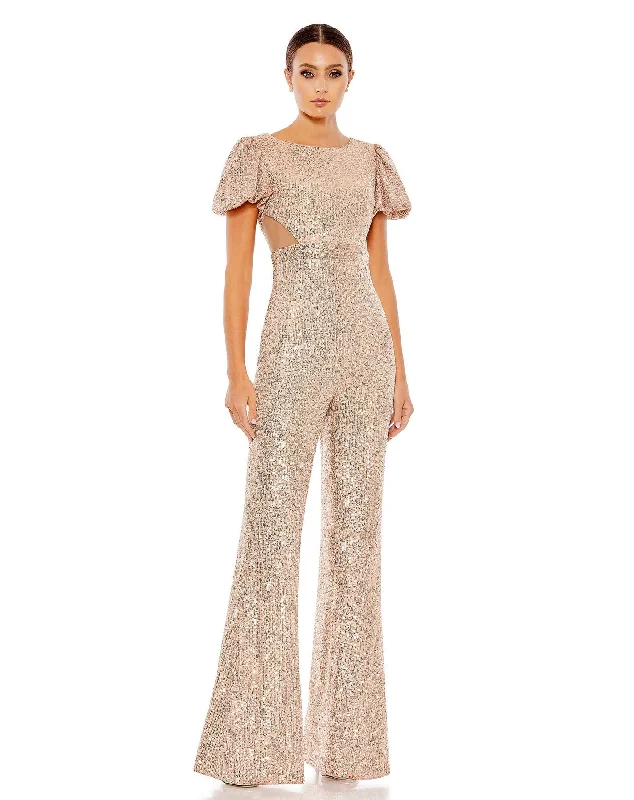 Sequined Puff Shoulder Illusion Cut Out Jumpsuit Sexy Sequined Dress