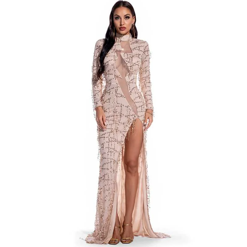 Sexy Vintage Long Sleeve Perspective Sequin Dress Pink Sequin Gown