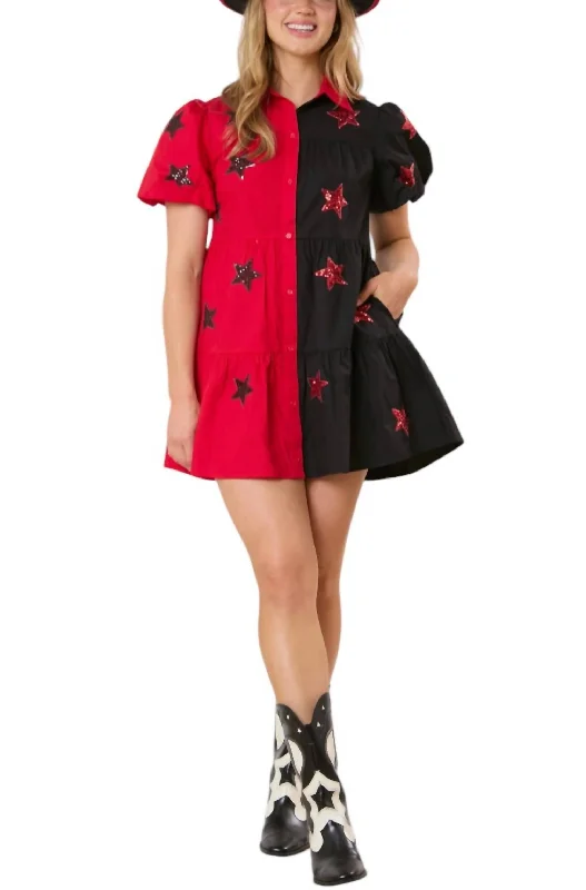 Star Sequins Embroidery Color Block Shirt Dress In Black/red Sequin Dress Vibe