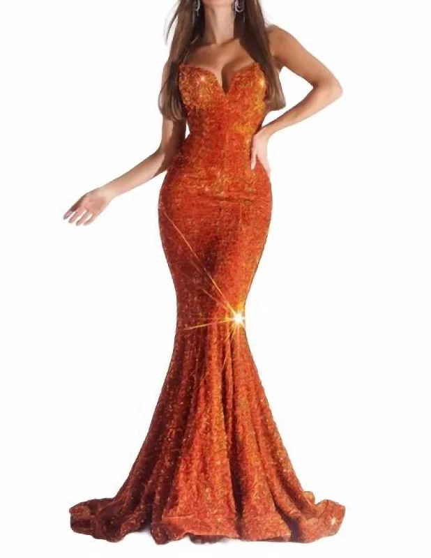 Strapless Sequin Mermaid Dress. In Burnt Orange Pink Sequin Dress