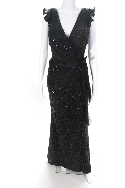 Tony Ward  Womens Sequin Beaded Pleated V Neck Gown Black Silver Sequin Dress