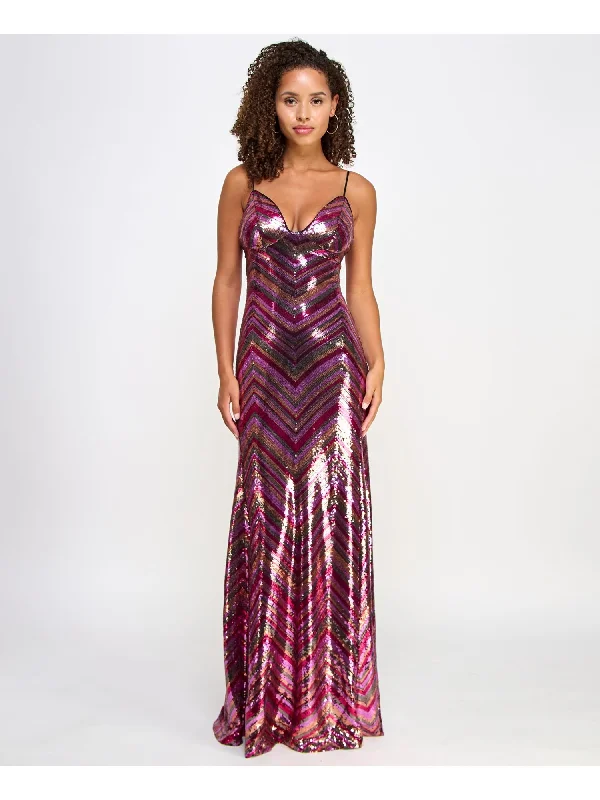 VIOLET WEEKEND Womens Pink Sequined Zippered Lace Up Open Back Lined Chevron Spaghetti Strap Sweetheart Neckline Full-Length Formal Gown Dress Sequin Dress Dressy