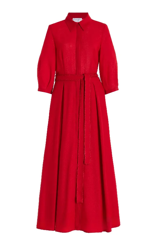 Andy Pleated Shirtdress in Scarlet Red Virgin Wool V-neck Shirt Dress