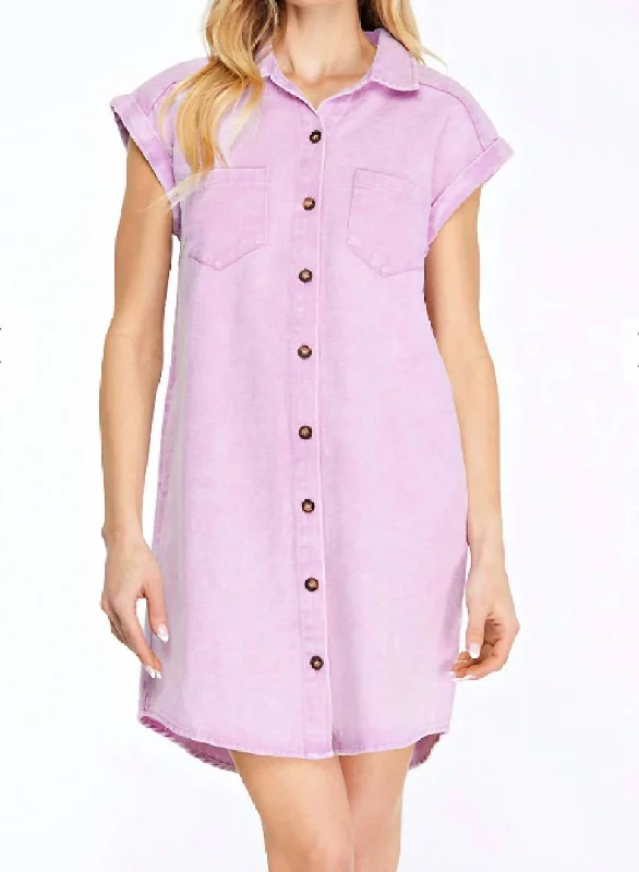 Button Down Twill Shirt Dress In Lavender Loose Shirt Dress