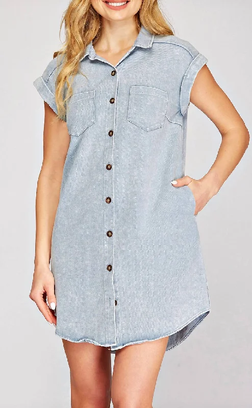 Button Down Twill Shirt Dress In Light Denim Blue Belted Button Dress