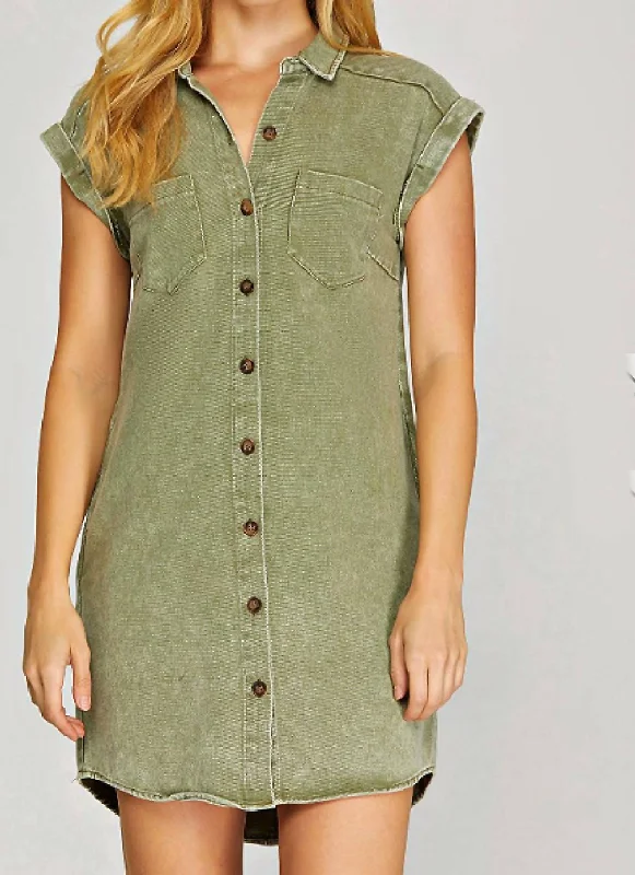 Button Down Twill Shirt Dress - Olive In Olive Gree Relaxed Shirt Gown