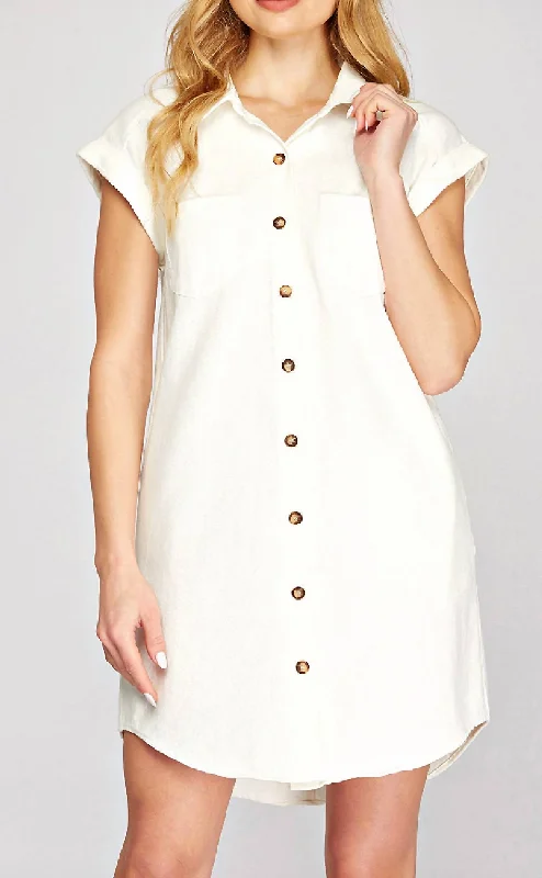 Button Down Twill Shirt Dress - White Shirt Dress Look