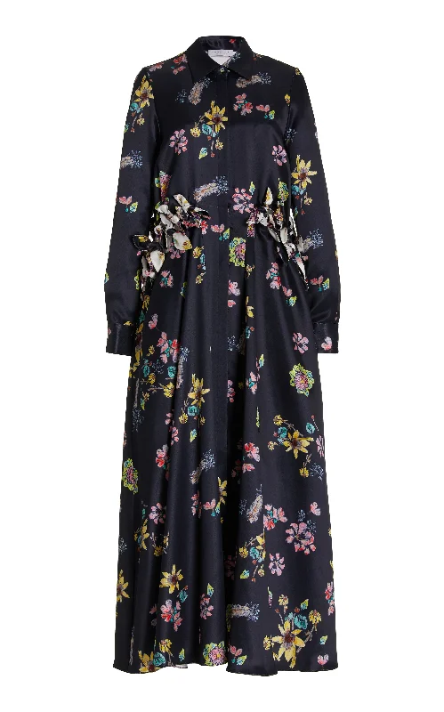 Clive Shirtdress in Dark Navy Multi Printed Silk Formal Shirt Gown