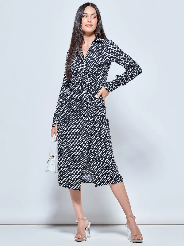 Long Sleeve Printed Jersey Shirt Dress, Black Geo Shirt Dress Glam