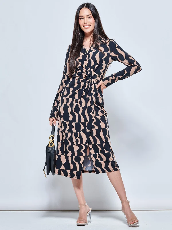 Long Sleeve Printed Jersey Shirt Dress, Brown Pattern Loose Shirt Dress