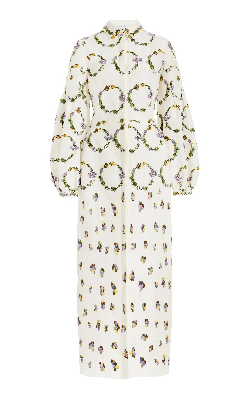 Mauri Embroidered Shirtdress in Ivory Linen Silk Floral Shirt Dress