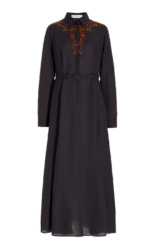 Mcgraw Embroidered Shirtdress in Charcoal Aloe Linen Wrap Shirt Dress