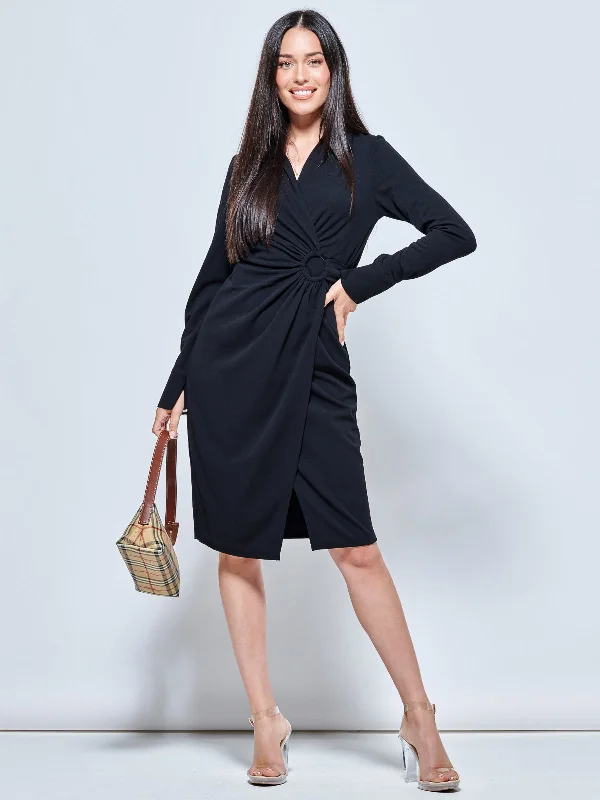 Plain Wrap Front Buckle Shirt Dress, Black Casual Shirt Dress