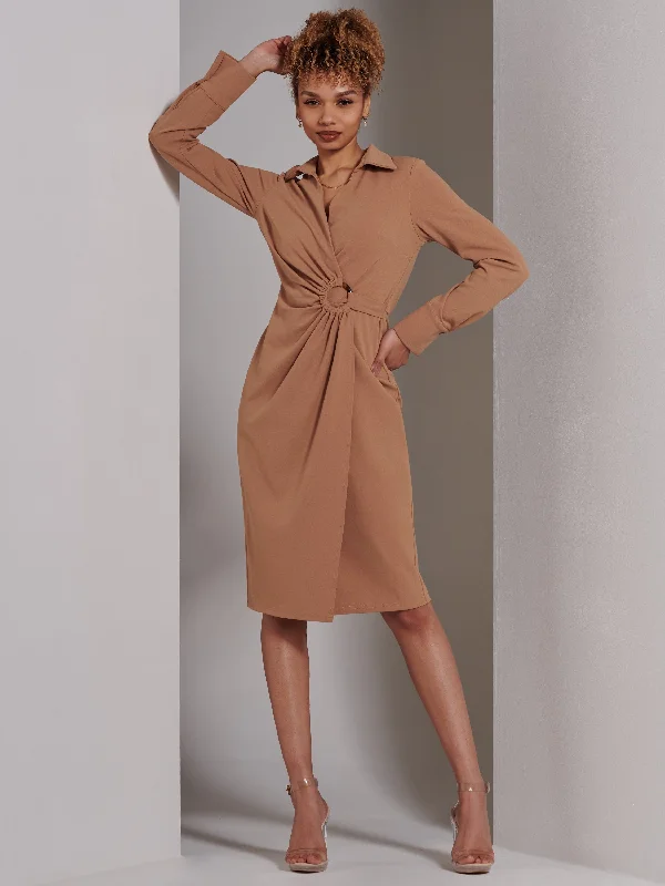 Reveka Wrap Ruched Shirt Dress, Camel Short Shirt Dress