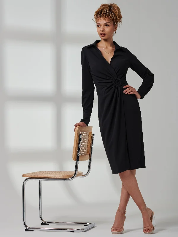 Reveka Wrap Ruched Shirt Dress, Black Mini Shirt Dress