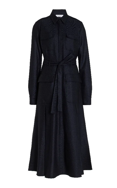 Roe Shirtdress in Dark Navy Virgin Wool Cashmere Flannel Shift Shirt Dress